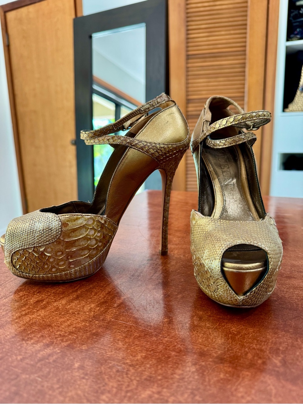 Alexander McQueen Metallic Gold Python and leather Peep-Toe Platform Heels